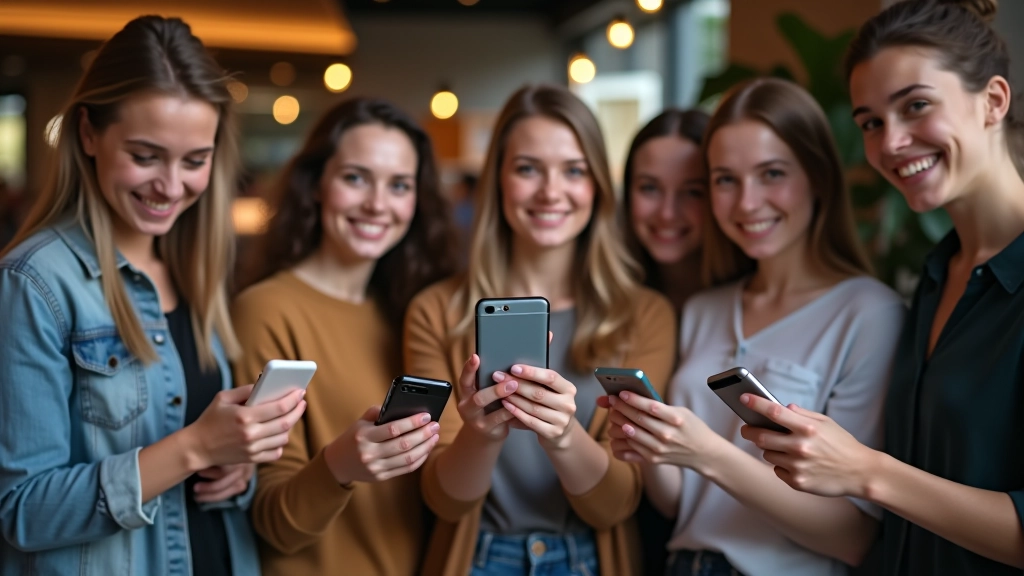 Grupė jaunų žmonių stovi drauge, rodydamos išmanytus telefonus su naujausiais produktais ekranų