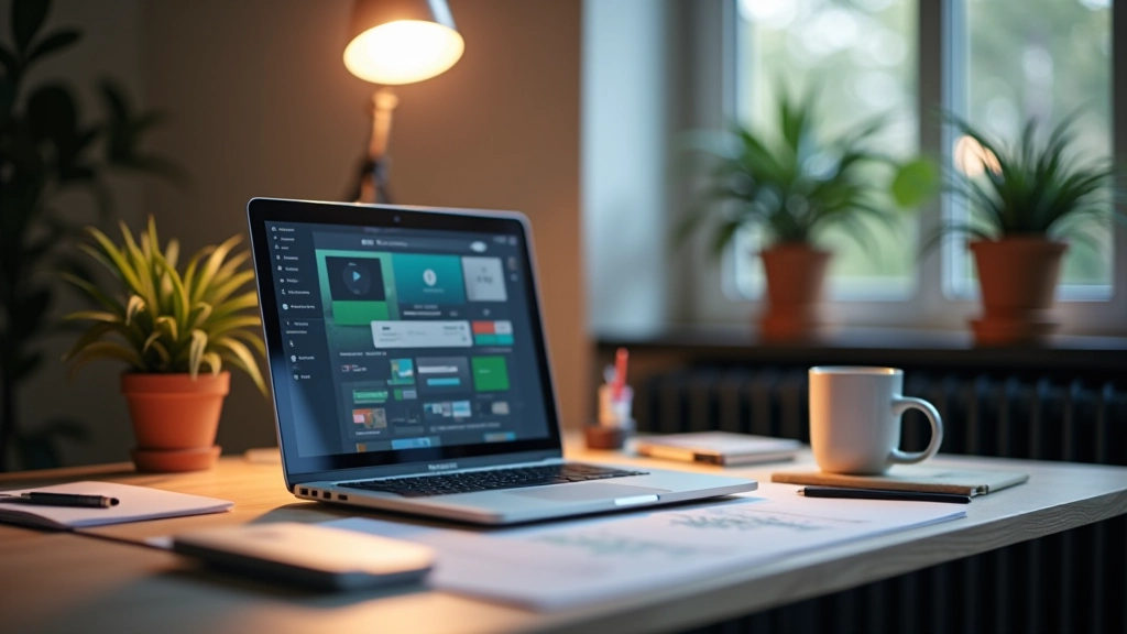 Dizainerio darbo stalas su šiuolaikine technologija, laptopas su sąsaja, ryški šviesa, aštrūs detalės