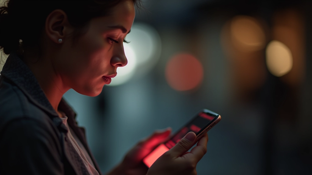 Žmogaus veidas šalia telefono ekrano su raudonomis perspėjimais, susitelkimas, šviesa iš šono