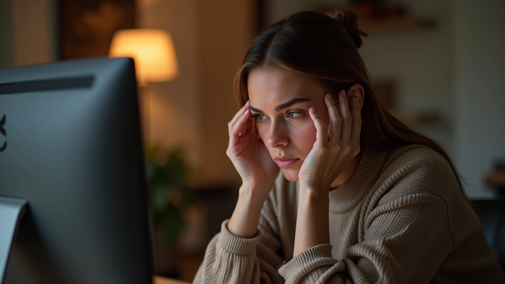 Moterimi su nervingais veidu sėdi prie kompiuterio, greitai slenkdama per internetinę parduotuvę